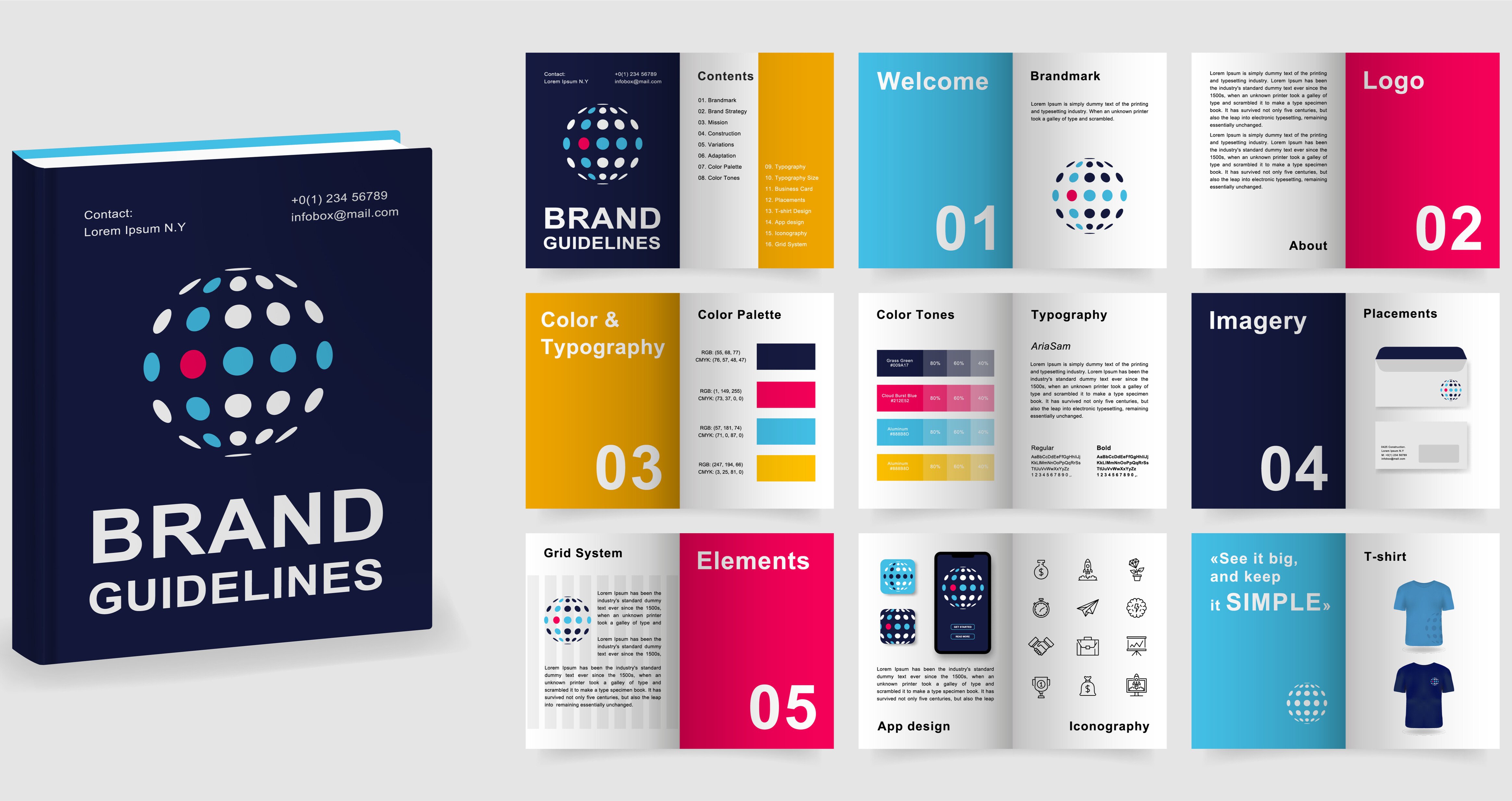 Images of a book and pages showing an example of what brand guidelines look like. 